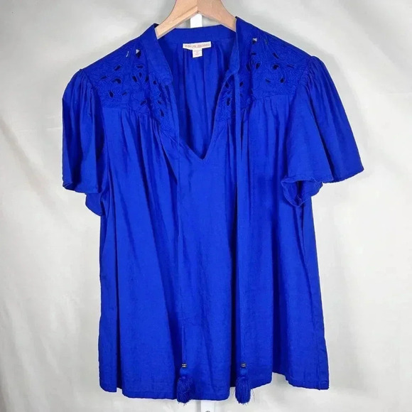 Knox Rose Size Medium Ruffle Blue Eyelet Blouse Flared Tassel - Picture 3 of 7
